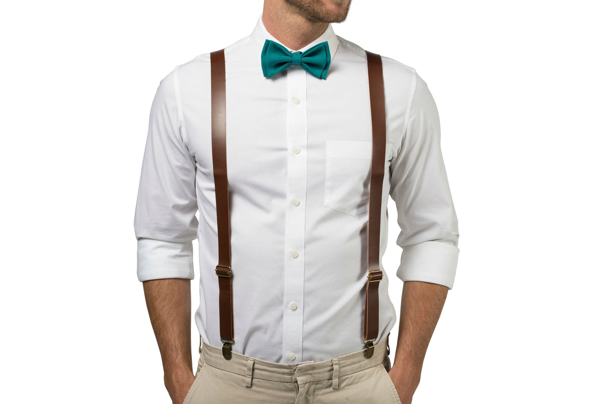 Brown Leather Suspenders &amp; Teal Bow Tie