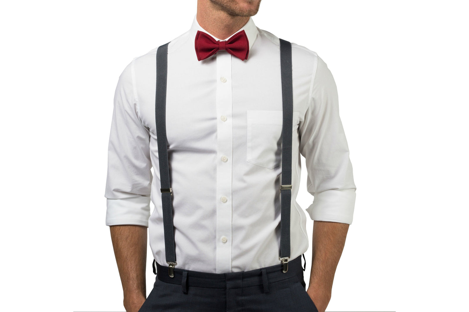 Charcoal Suspenders & Burgundy Bow Tie