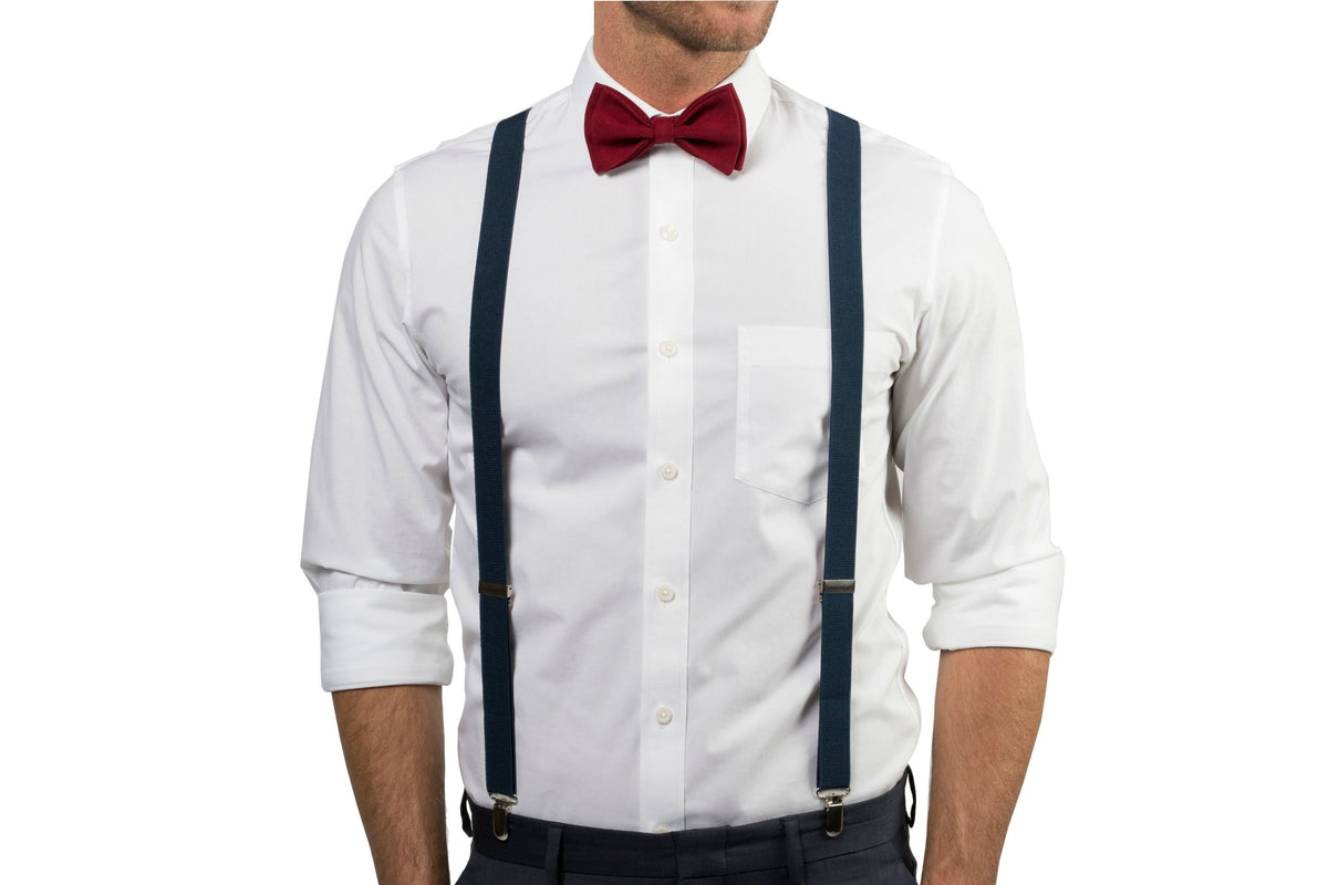 Navy Suspenders &amp; Burgundy Bow Tie