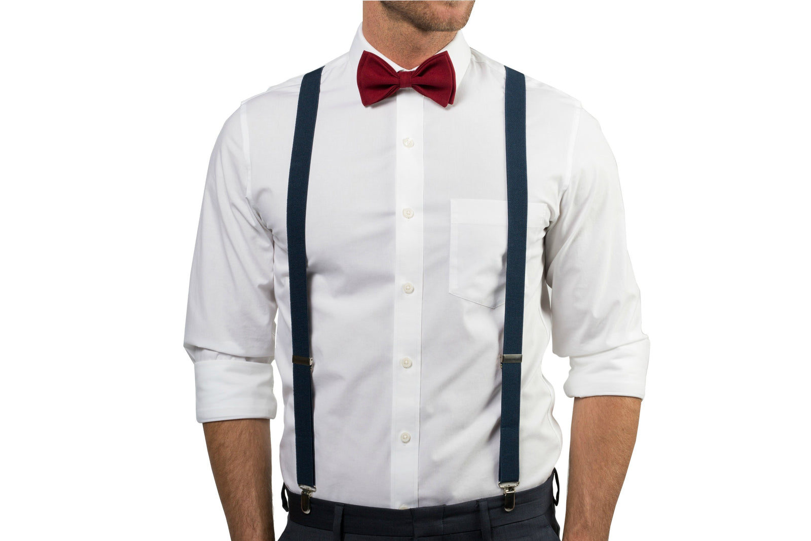 Navy Suspenders & Burgundy Bow Tie
