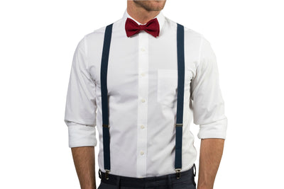 Navy Suspenders & Burgundy Bow Tie