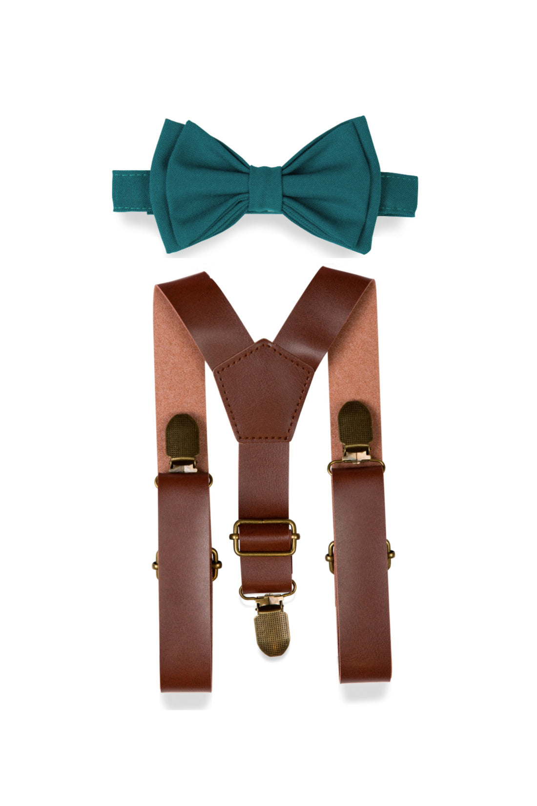 Brown Leather Suspenders &amp; Teal Bow Tie for Kids