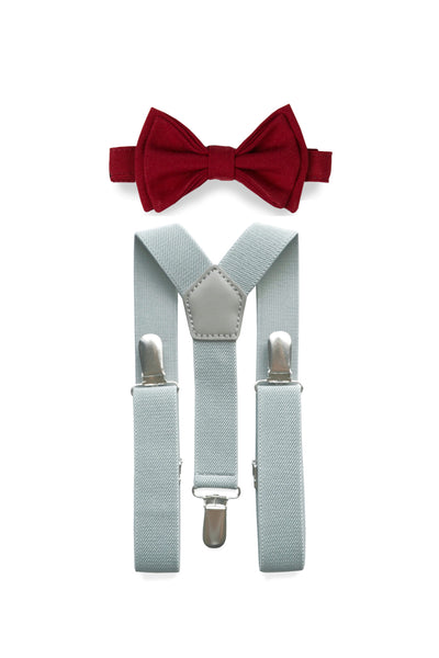 Light Grey Suspenders & Burgundy Bow Tie for Kids