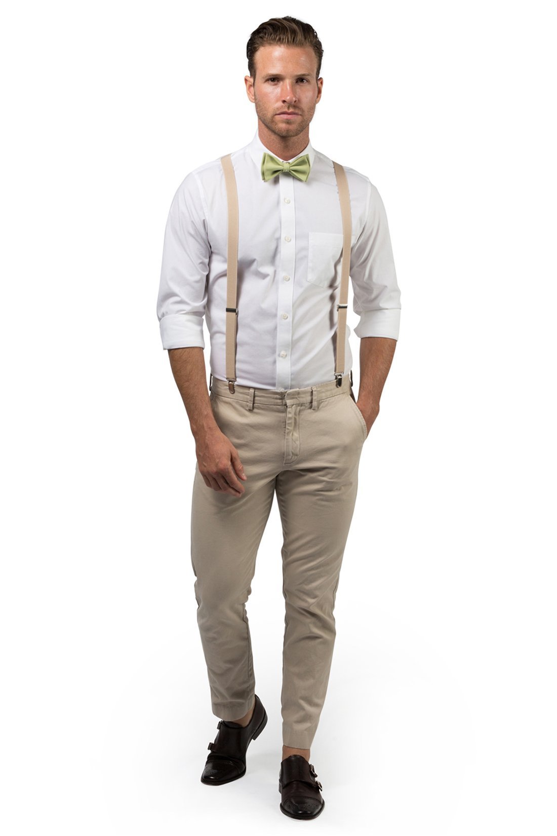 Beige Suspenders &amp; Sage Bow Tie