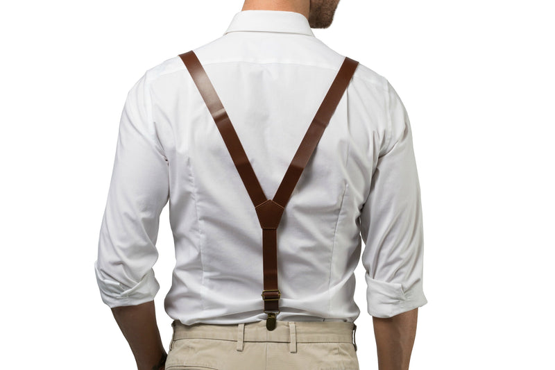 Brown Leather Suspenders & Dusty Rose Bow Tie