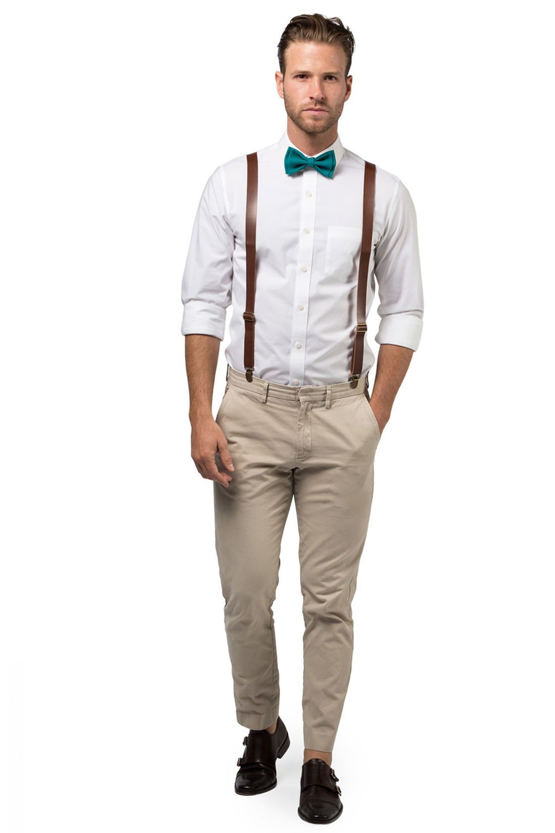Brown Leather Suspenders & Teal Bow Tie