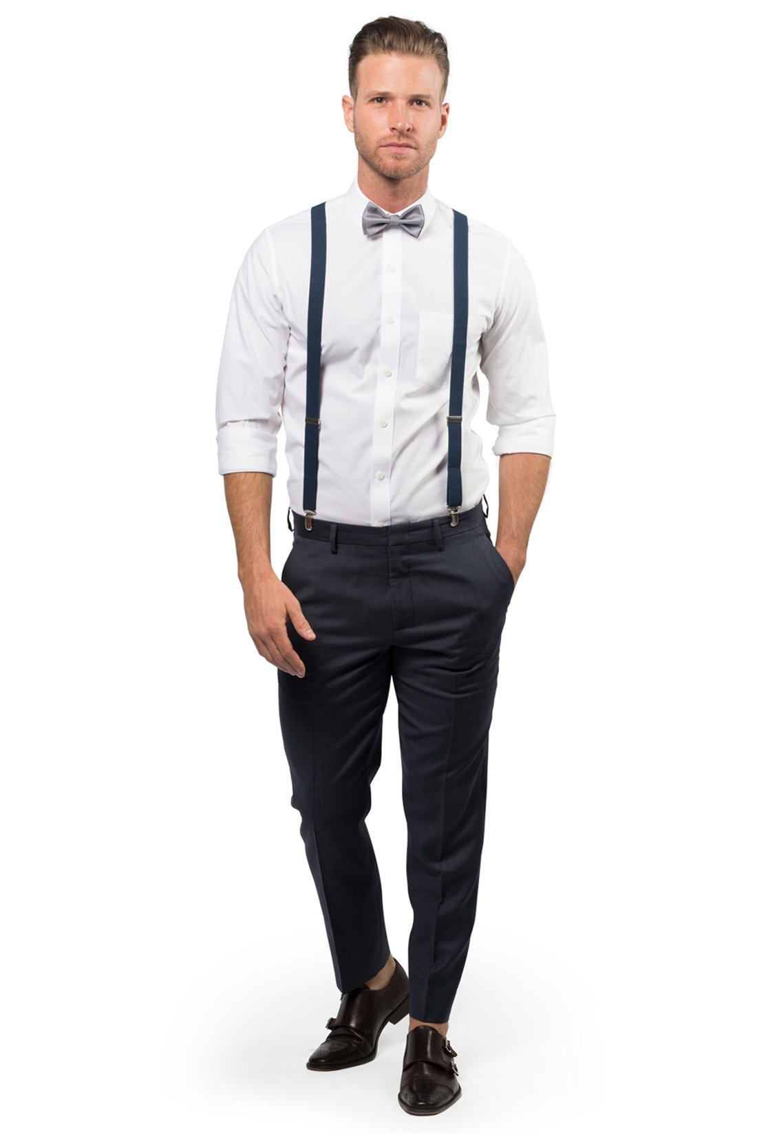 Navy Suspenders &amp; Silver Polka Dot Bow Tie