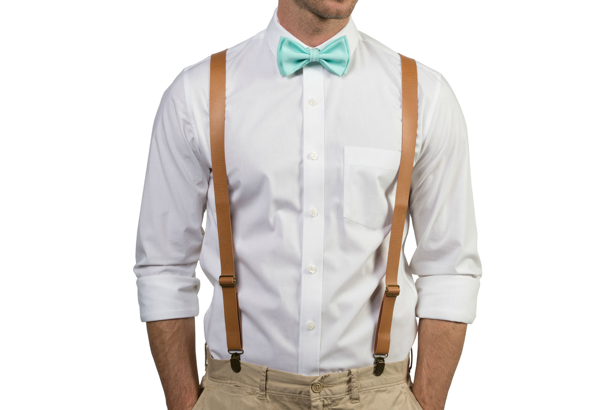 Tan Leather Suspenders &amp; Aqua Bow Tie