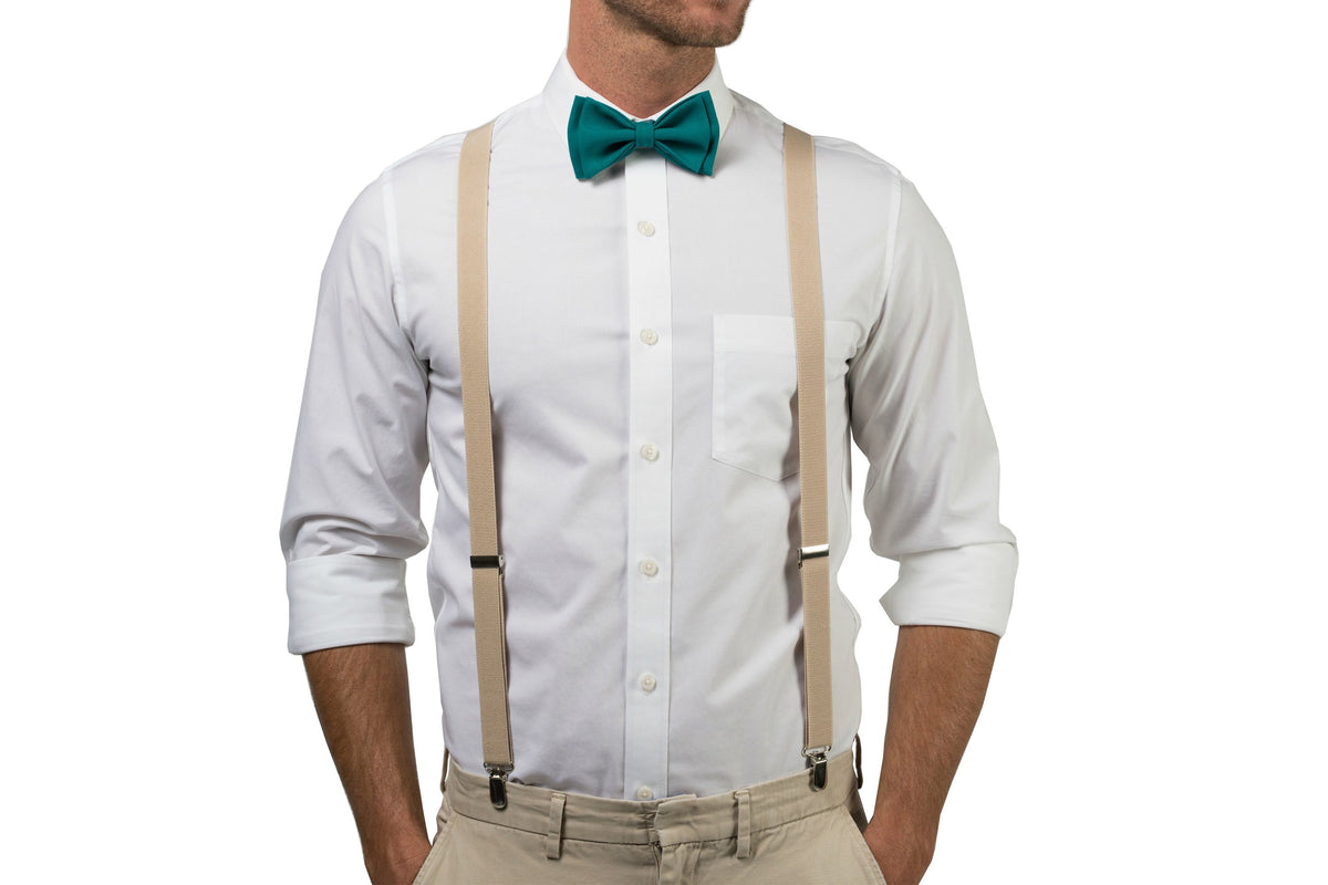 Beige Suspenders &amp; Teal Bow Tie