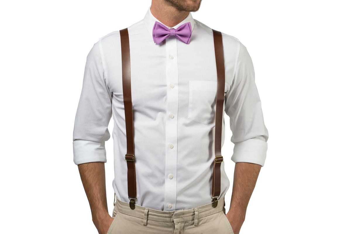 Brown Leather Suspenders &amp; Lilac Bow Tie