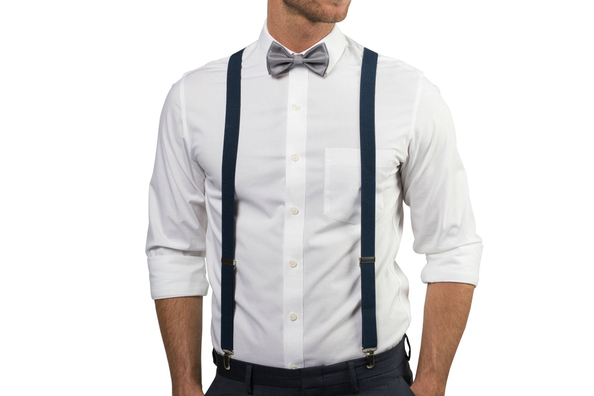 Navy Suspenders &amp; Silver Polka Dot Bow Tie