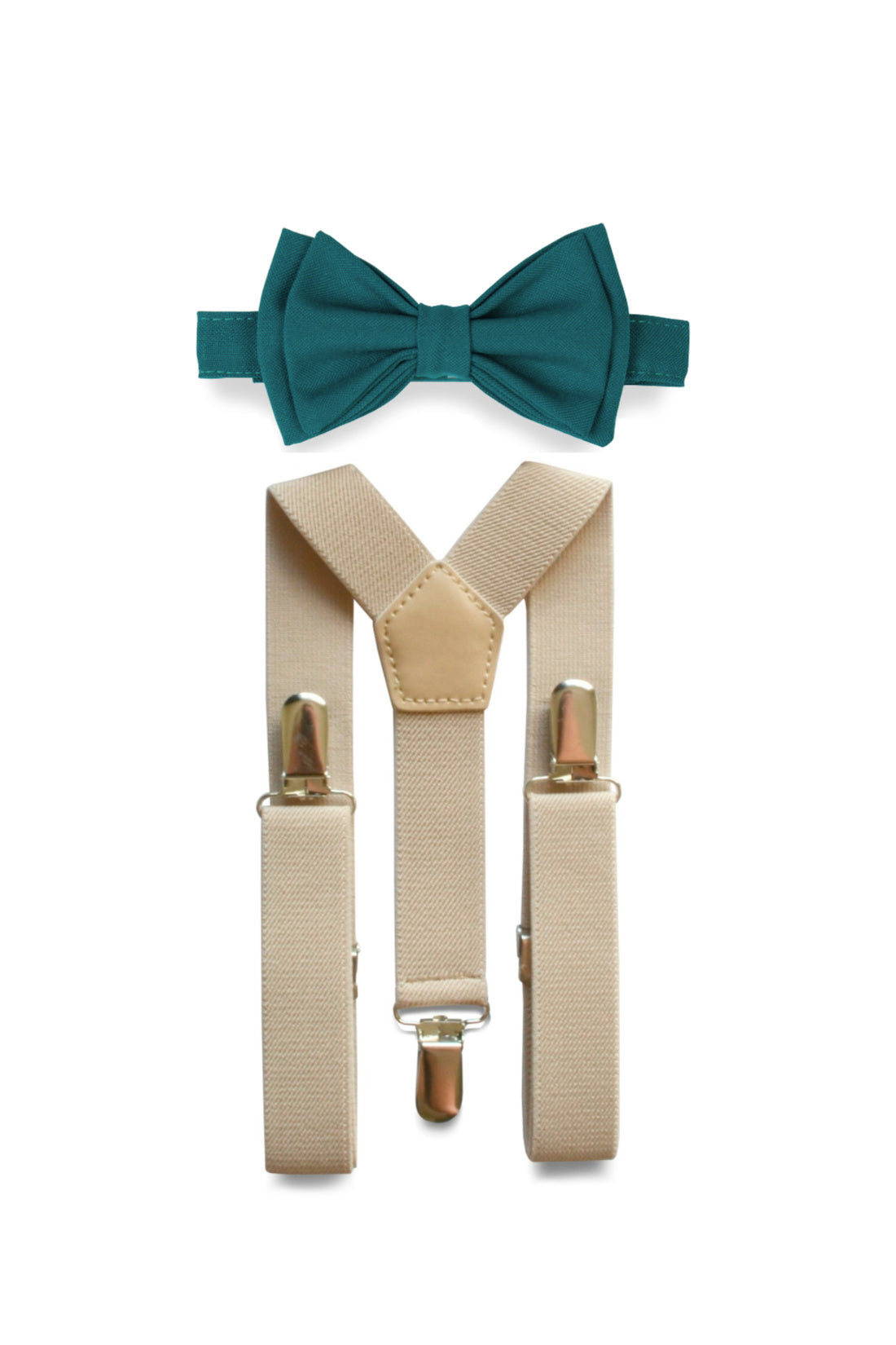 Beige Suspenders &amp; Teal Bow Tie for Kids