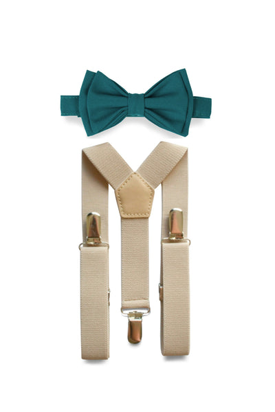 Beige Suspenders & Teal Bow Tie for Kids