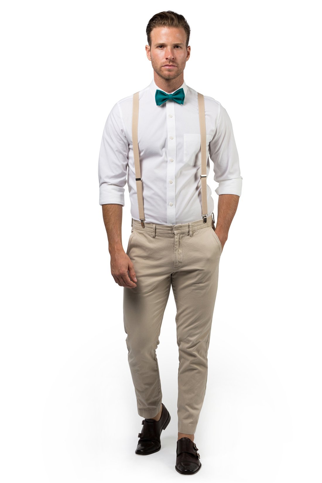Beige Suspenders & Teal Bow Tie