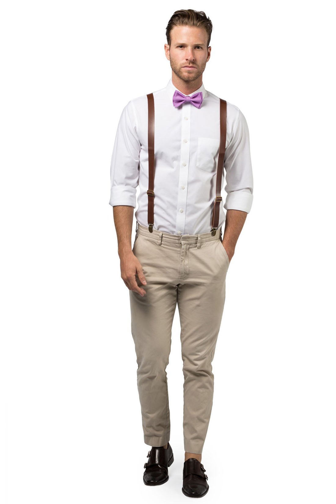 Brown Leather Suspenders &amp; Lilac Bow Tie
