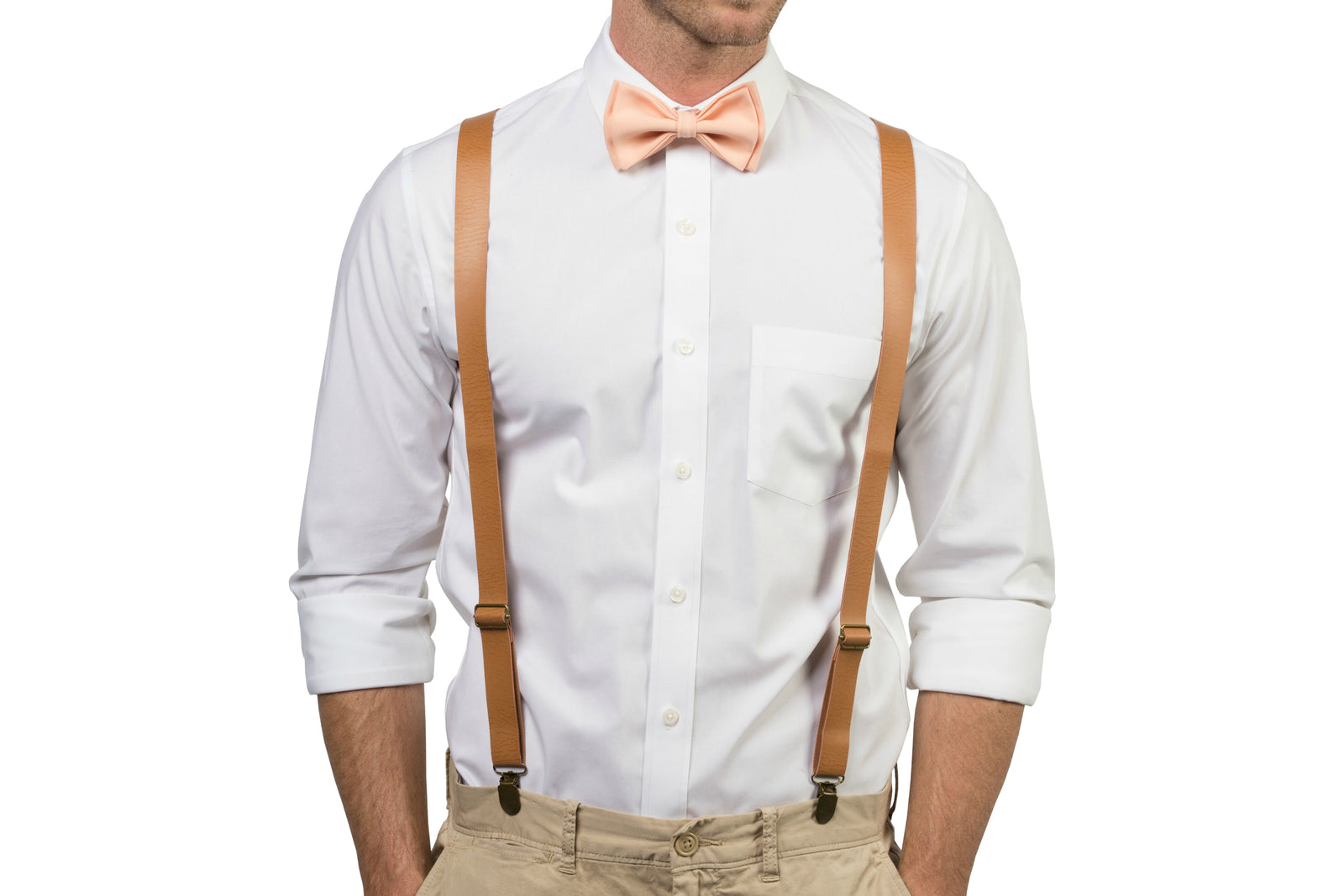 Tan Leather Suspenders & Peach Bow Tie