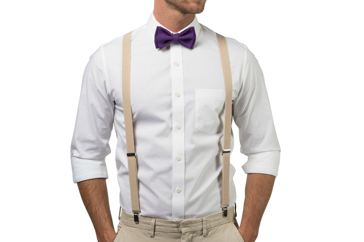 Beige Suspenders &amp; Dark Purple Bow Tie