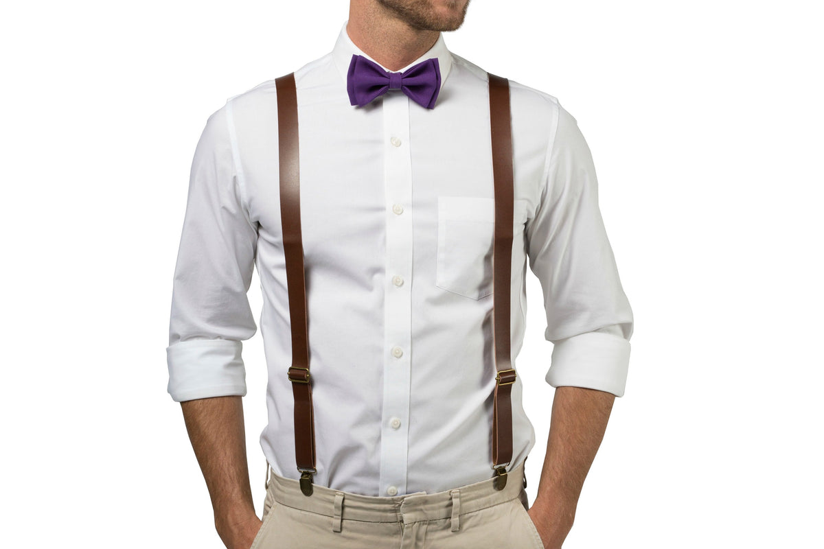 Brown Leather Suspenders &amp; Dark Purple Bow Tie