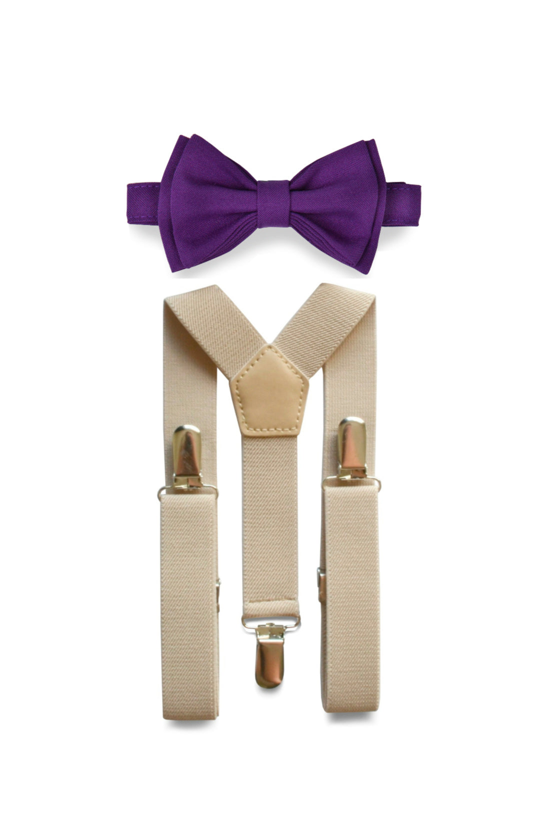 Beige Suspenders &amp; Dark Purple Bow Tie for Kids