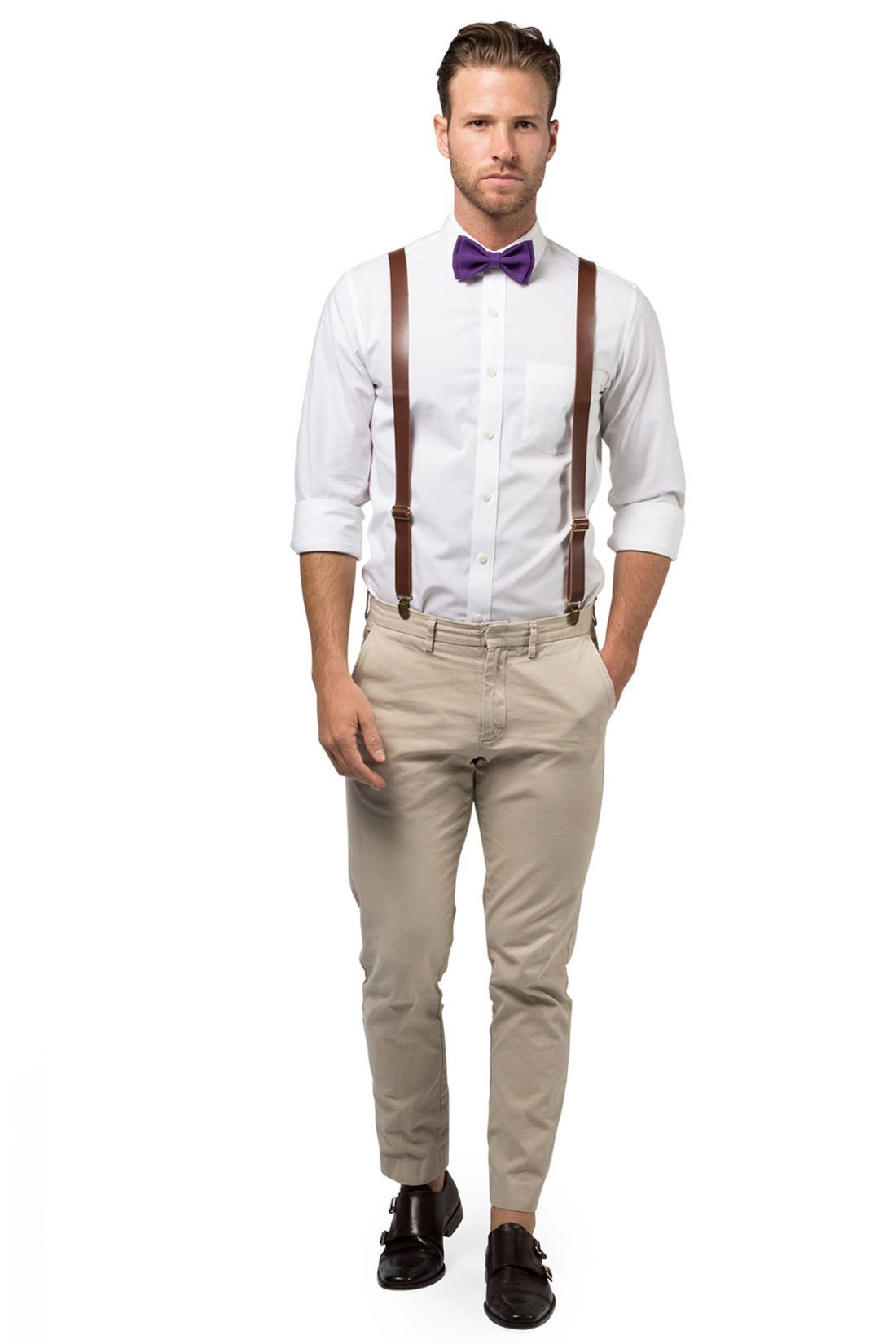 Brown Leather Suspenders &amp; Dark Purple Bow Tie