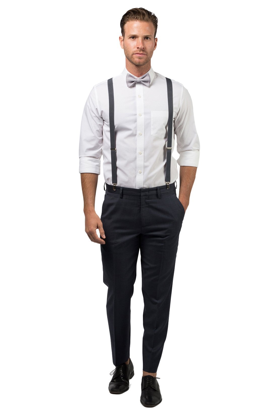 Charcoal Suspenders &amp; Light Gray Bow Tie