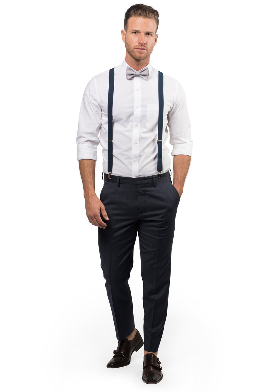 Navy Suspenders &amp; Light Gray Bow Tie
