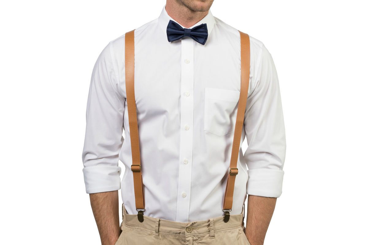 Tan Leather Suspenders &amp; Navy Bow Tie
