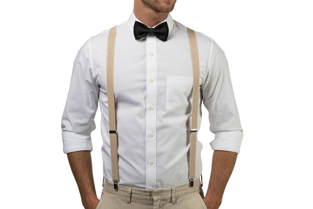 Beige Suspenders &amp; Black Bow Tie