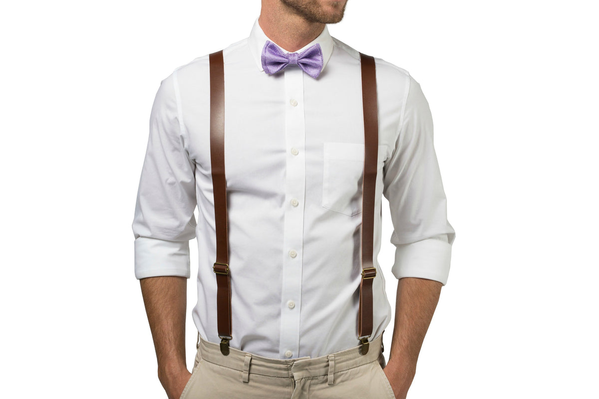 Brown Leather Suspenders &amp; Purple Bow Tie
