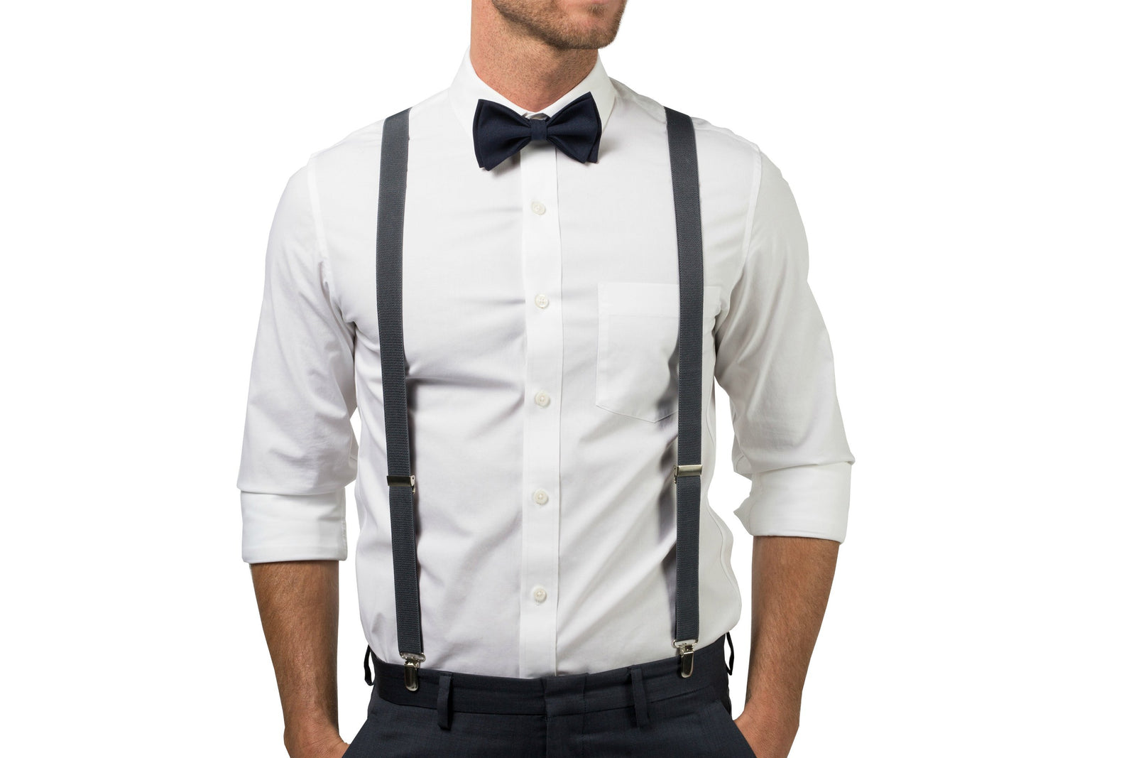 Charcoal Suspenders & Navy Bow Tie