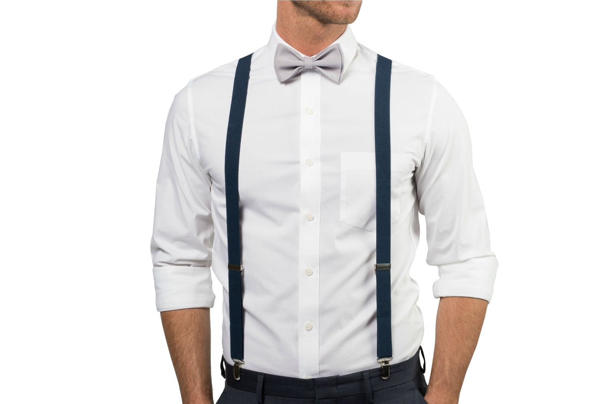 Navy Suspenders &amp; Light Gray Bow Tie