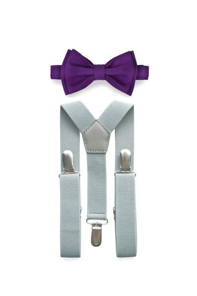 Light Grey Suspenders & Dark Purple Bow Tie for Kids