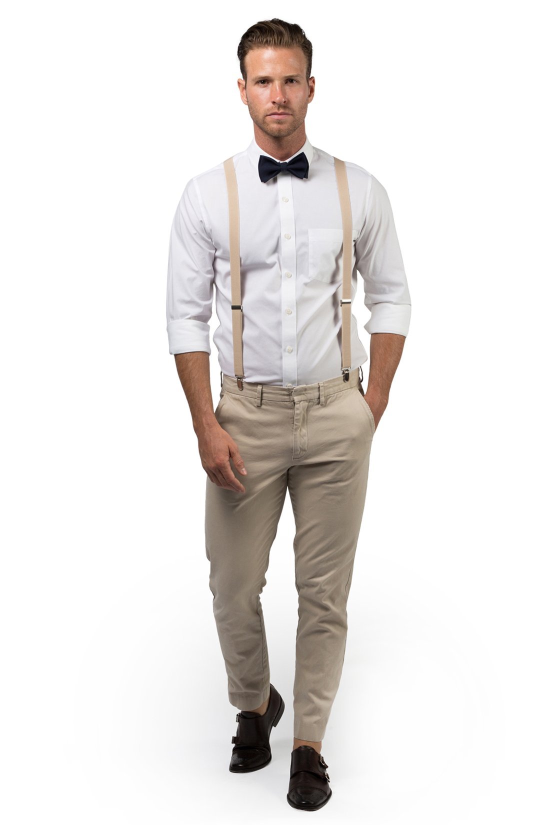 Beige Suspenders &amp; Black Bow Tie