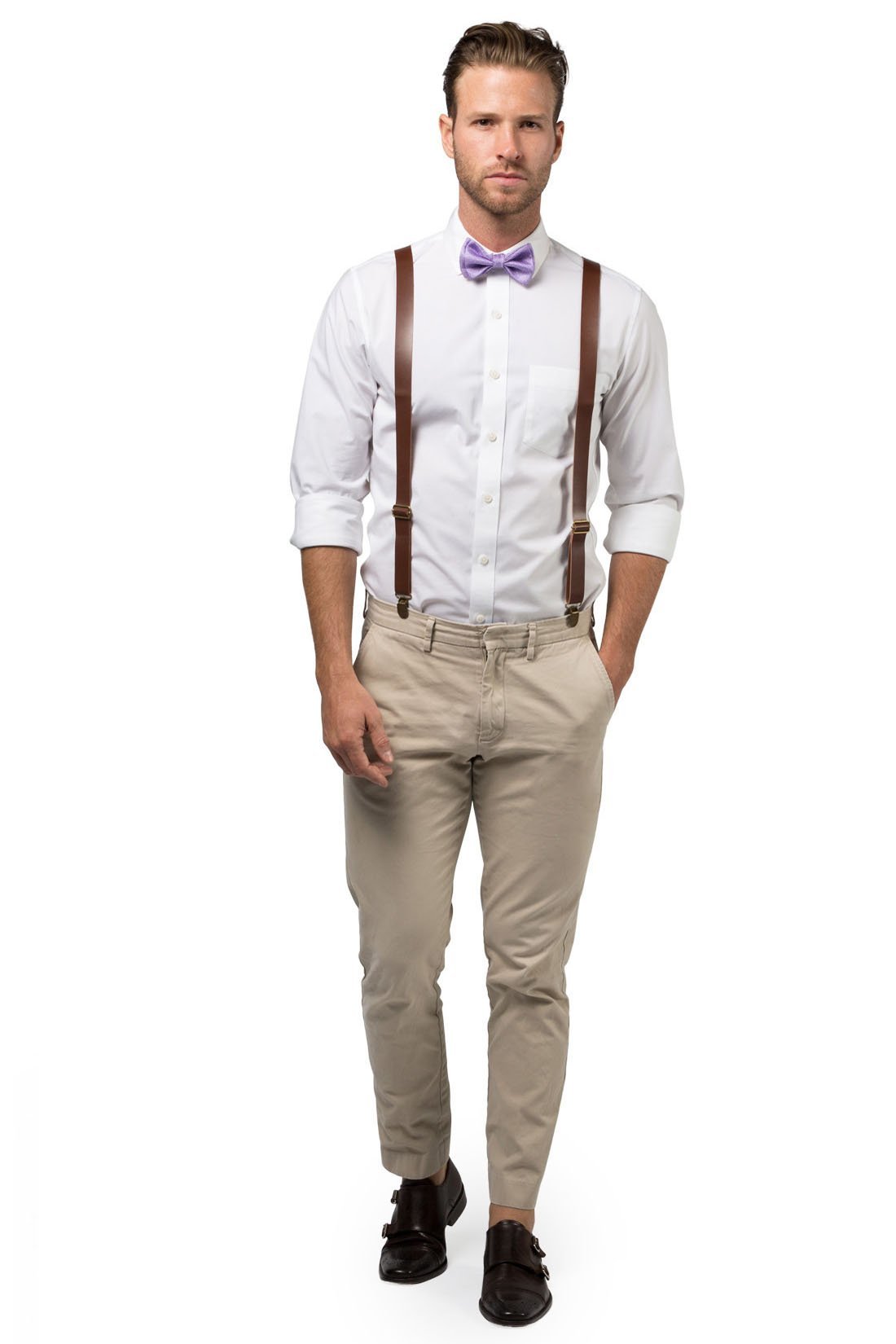 Brown Leather Suspenders &amp; Purple Bow Tie