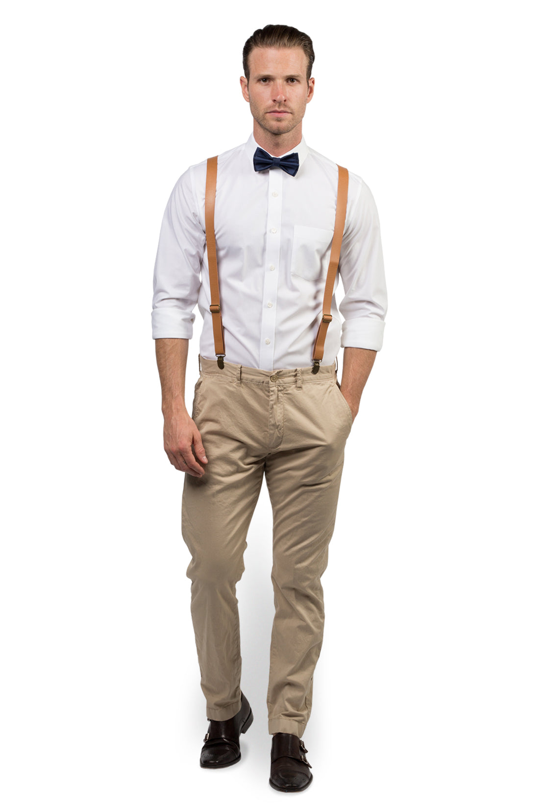 Tan Leather Suspenders & Navy Bow Tie