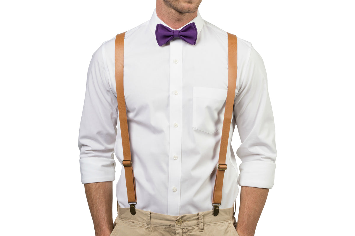 Tan Leather Suspenders &amp; Dark Purple Bow Tie
