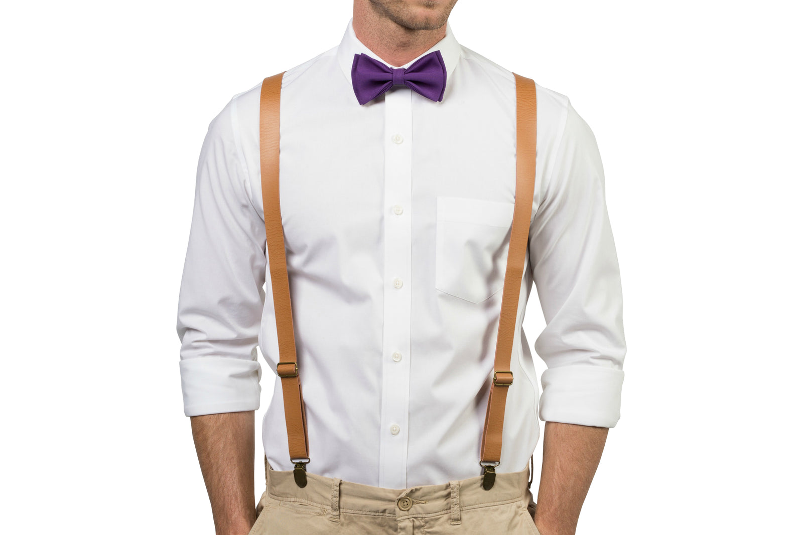 Tan Leather Suspenders & Dark Purple Bow Tie