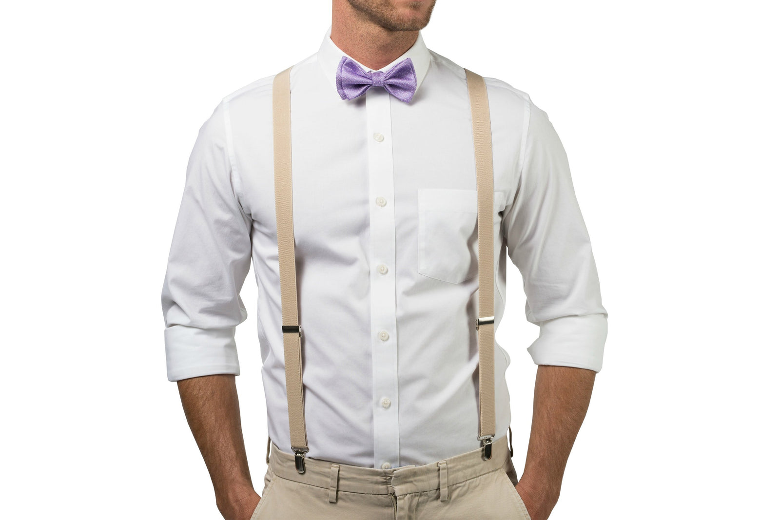Beige Suspenders & Purple Bow Tie