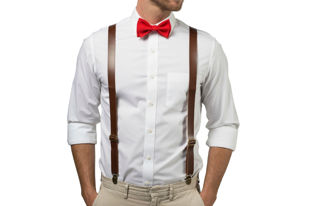 Brown Leather Suspenders &amp; Red Bow Tie