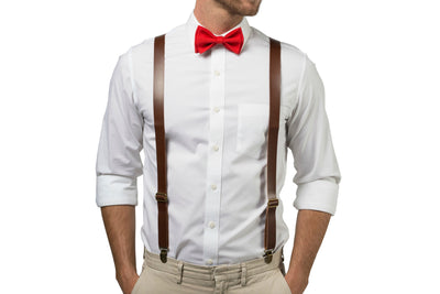 Brown Leather Suspenders & Red Bow Tie