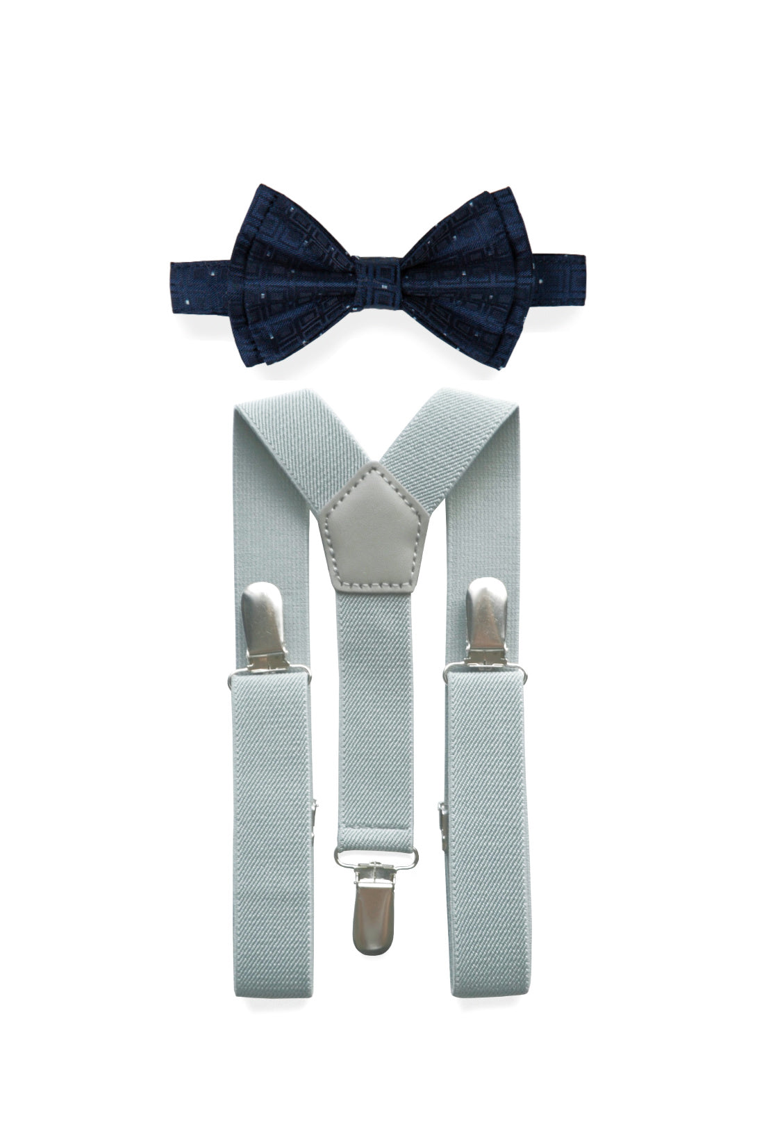 Light Grey Suspenders & Navy Polka Dot Bow Tie for Kids