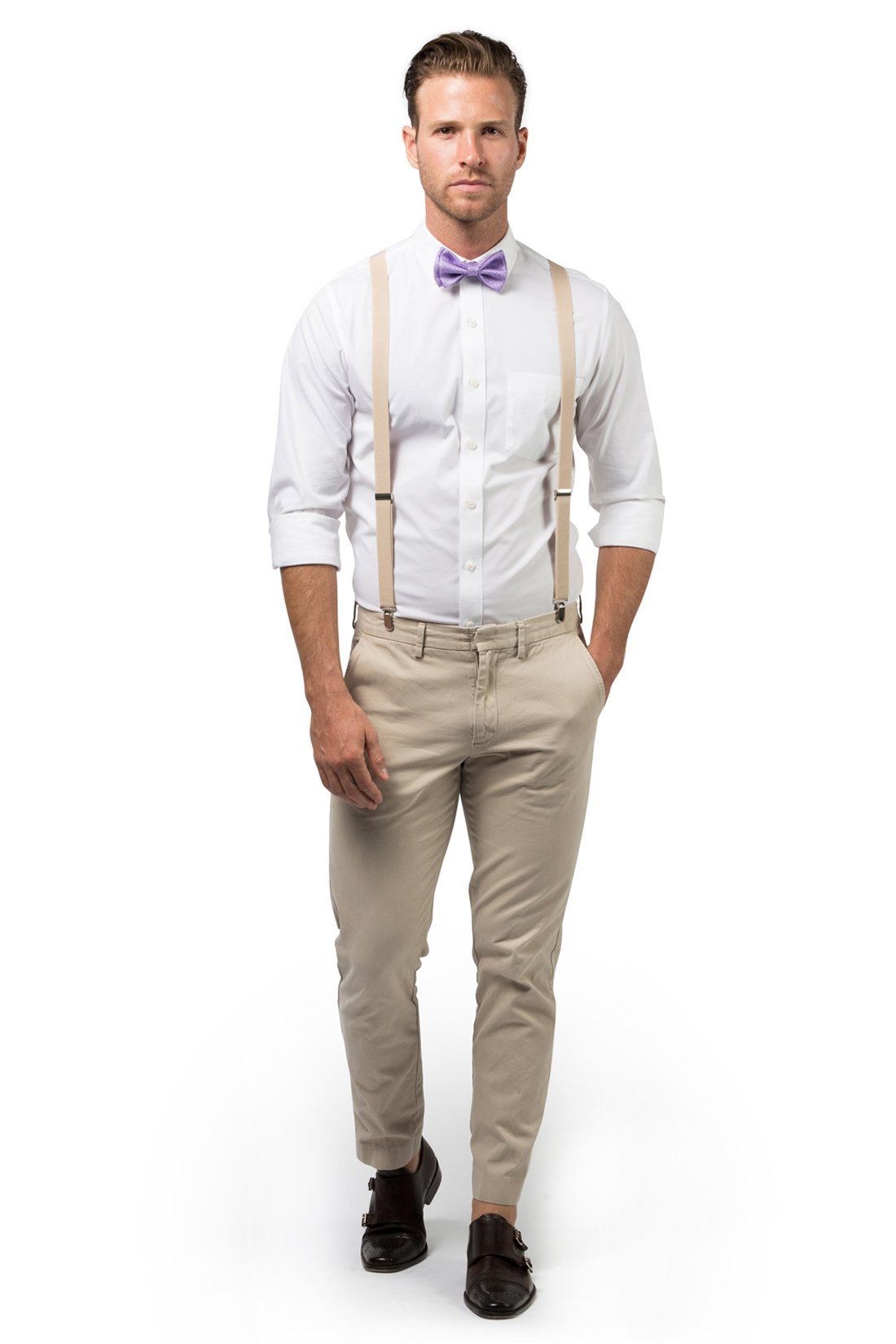 Beige Suspenders & Purple Bow Tie