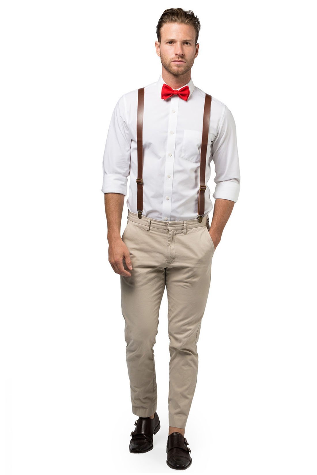 Brown Leather Suspenders &amp; Red Bow Tie
