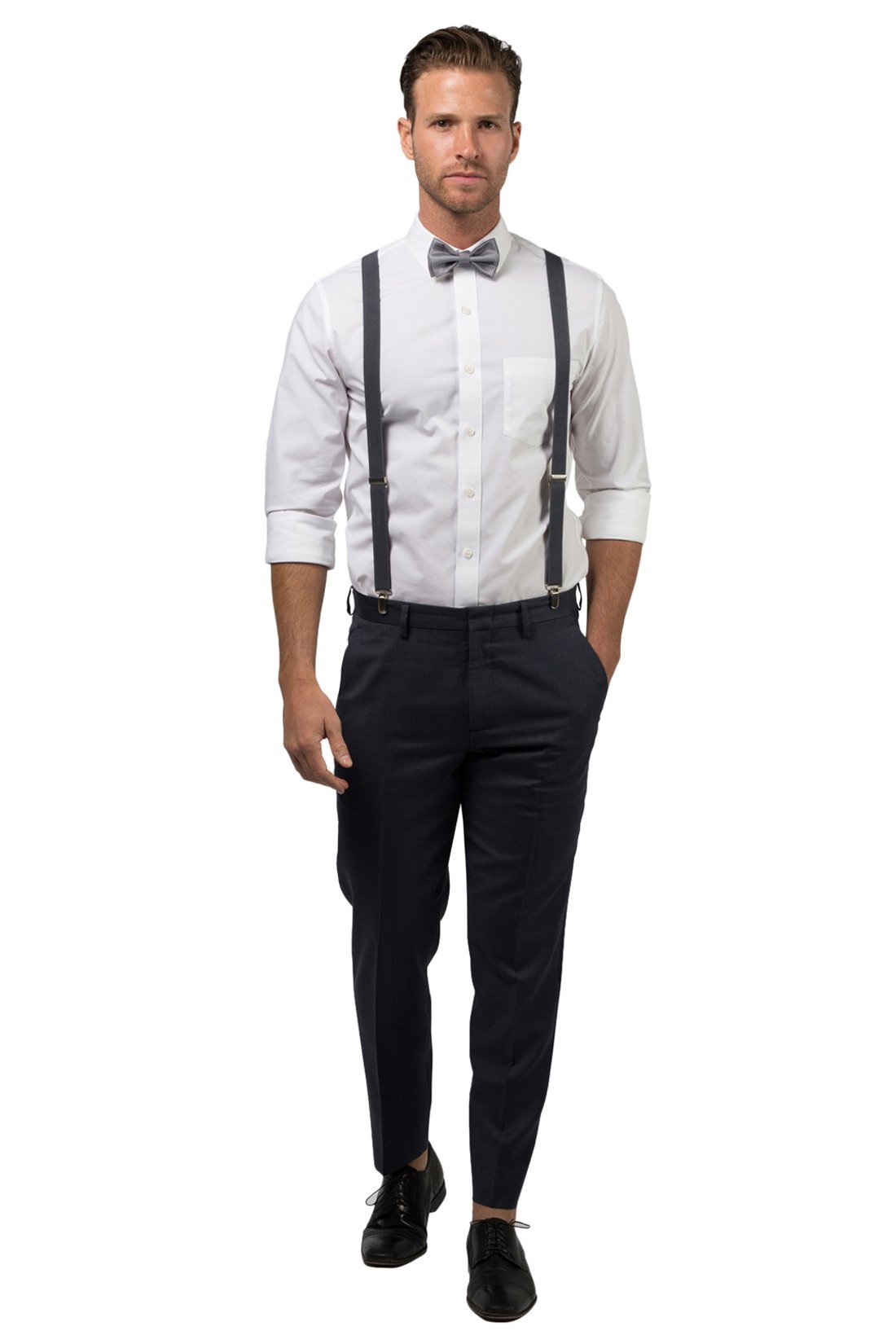 Charcoal Suspenders & Silver Polka Dot Bow Tie