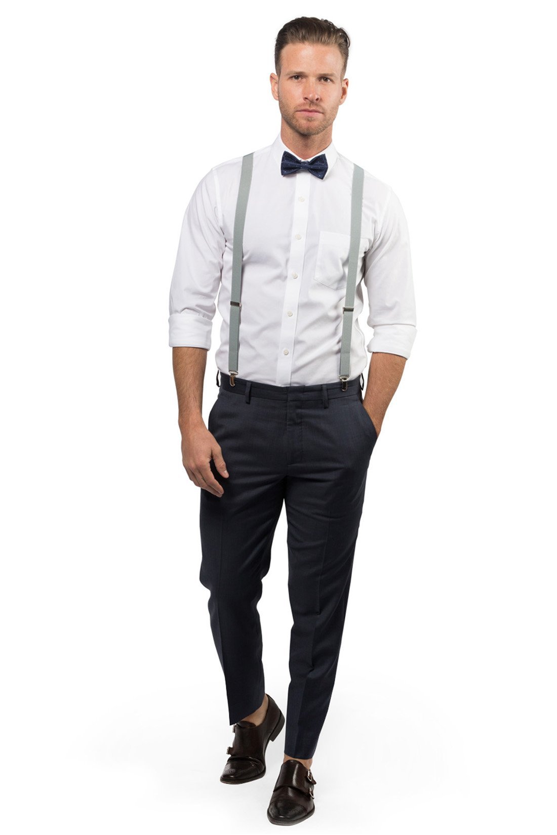 Light Gray Suspenders & Navy Polka Dot Bow Tie