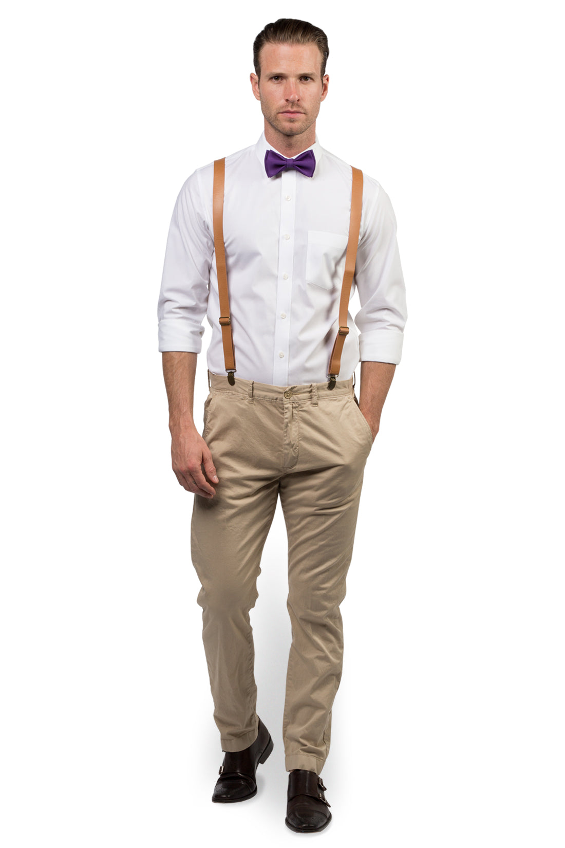 Tan Leather Suspenders &amp; Dark Purple Bow Tie