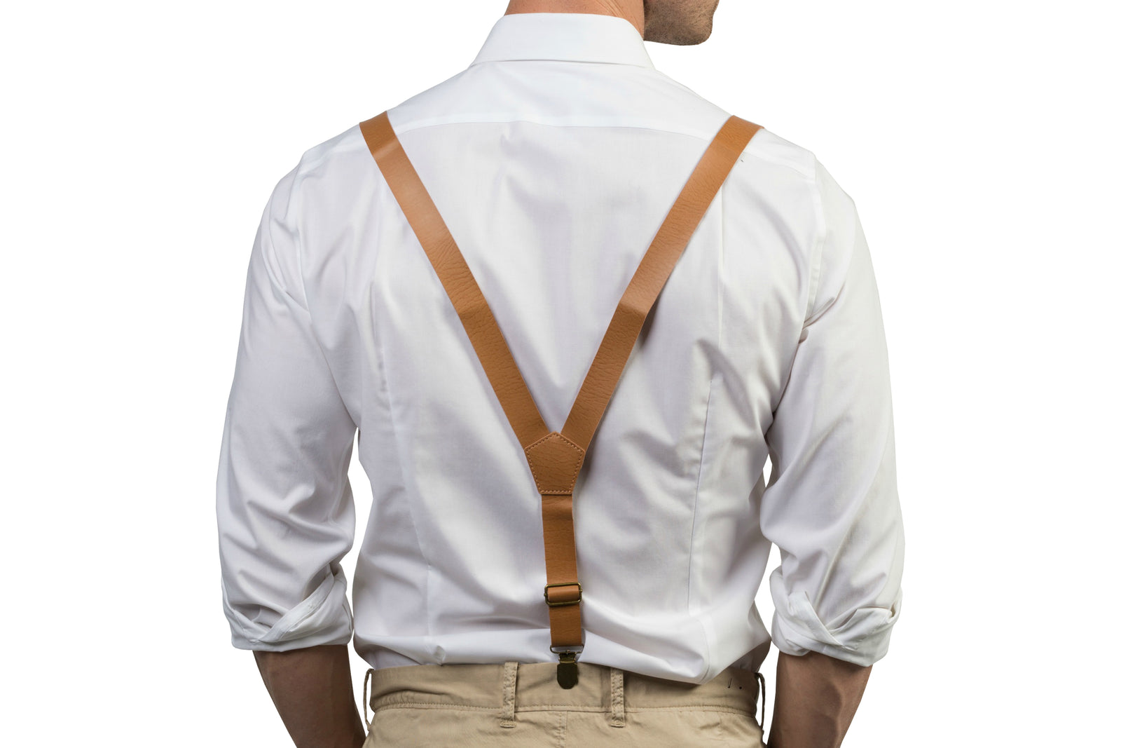 Tan Leather Suspenders & Navy Polka Dot Bow Tie