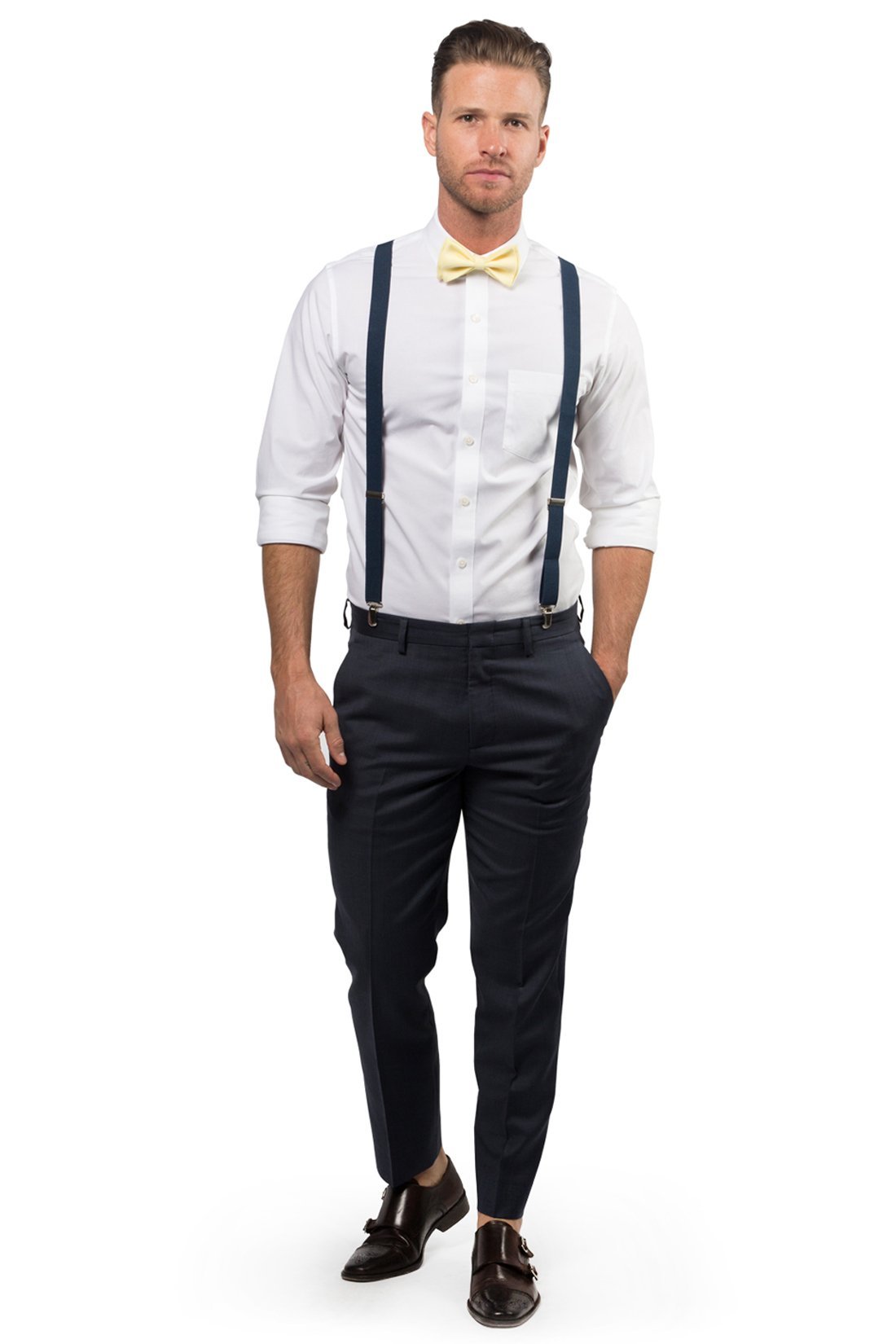 Navy Suspenders &amp; Yellow Bow Tie