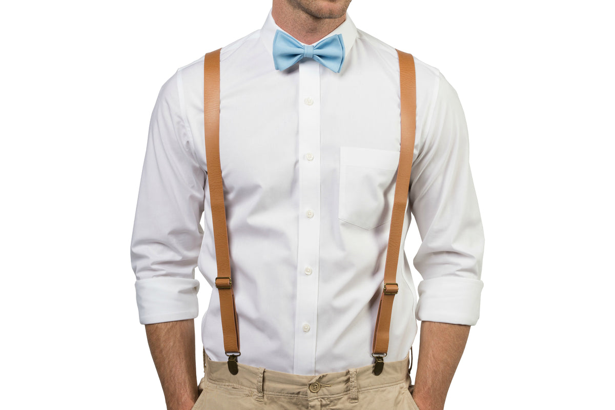 Tan Leather Suspenders &amp; Baby Blue Bow Tie