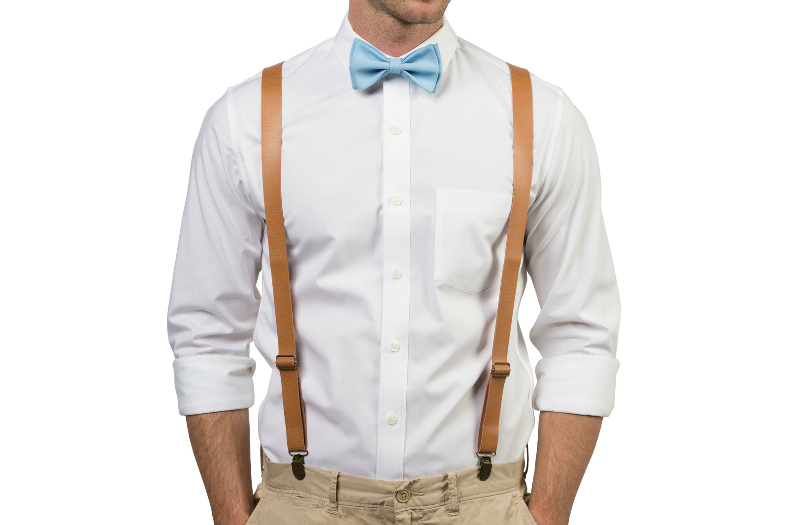 Tan Leather Suspenders & Baby Blue Bow Tie